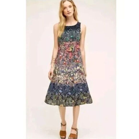 Anthropologie Maeve Larkspur 100% Silk Midi Dress Size 10 Floral Sleeveless - Picture 1 of 10